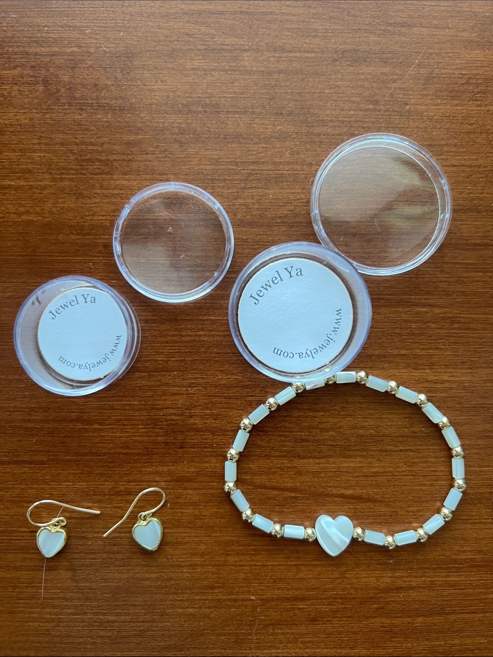 Gold-Tone Mother-of-Pearl Heart Bracelet with Matching Earrings - White